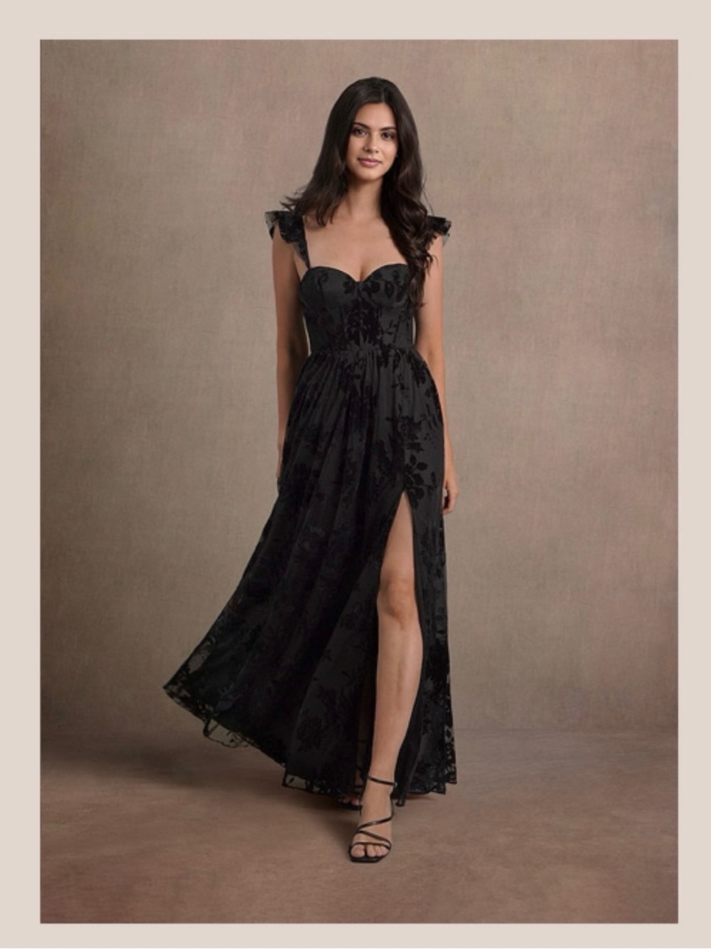 Azazie Black Floral Lace Maxi Dress with Sweetheart Neckline and Thigh Slit